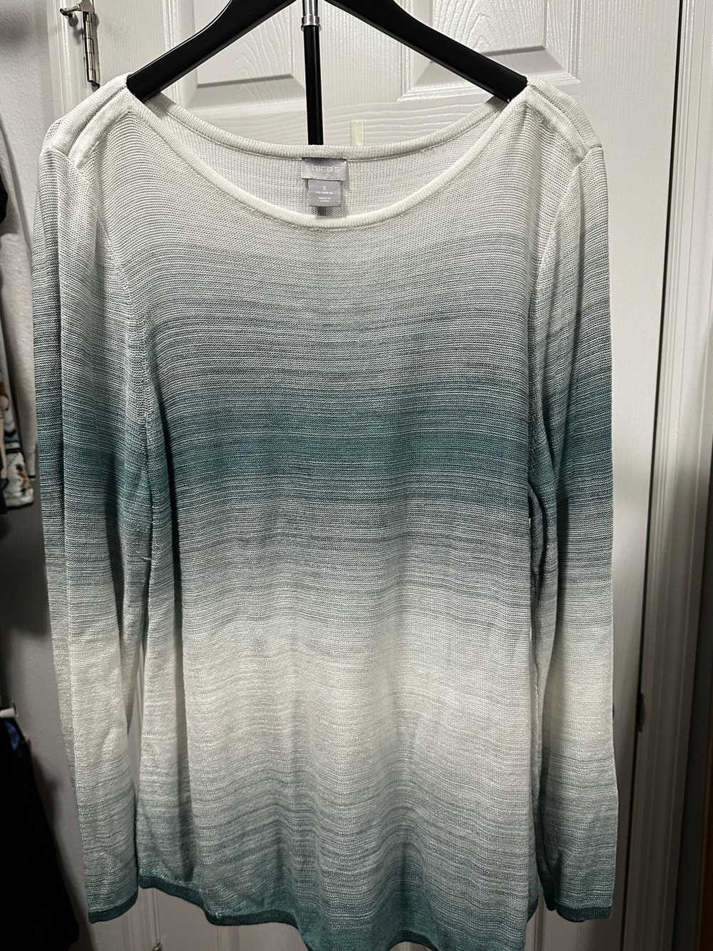 Chico's Ombre Long-Sleeve Scoop Neck Top in Teal and White